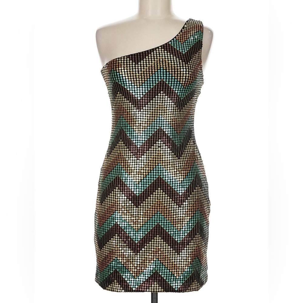 Vintage 90s Frederick’s of Hollywood Sequin One Shoulder Mini Tan Turquoise sz M